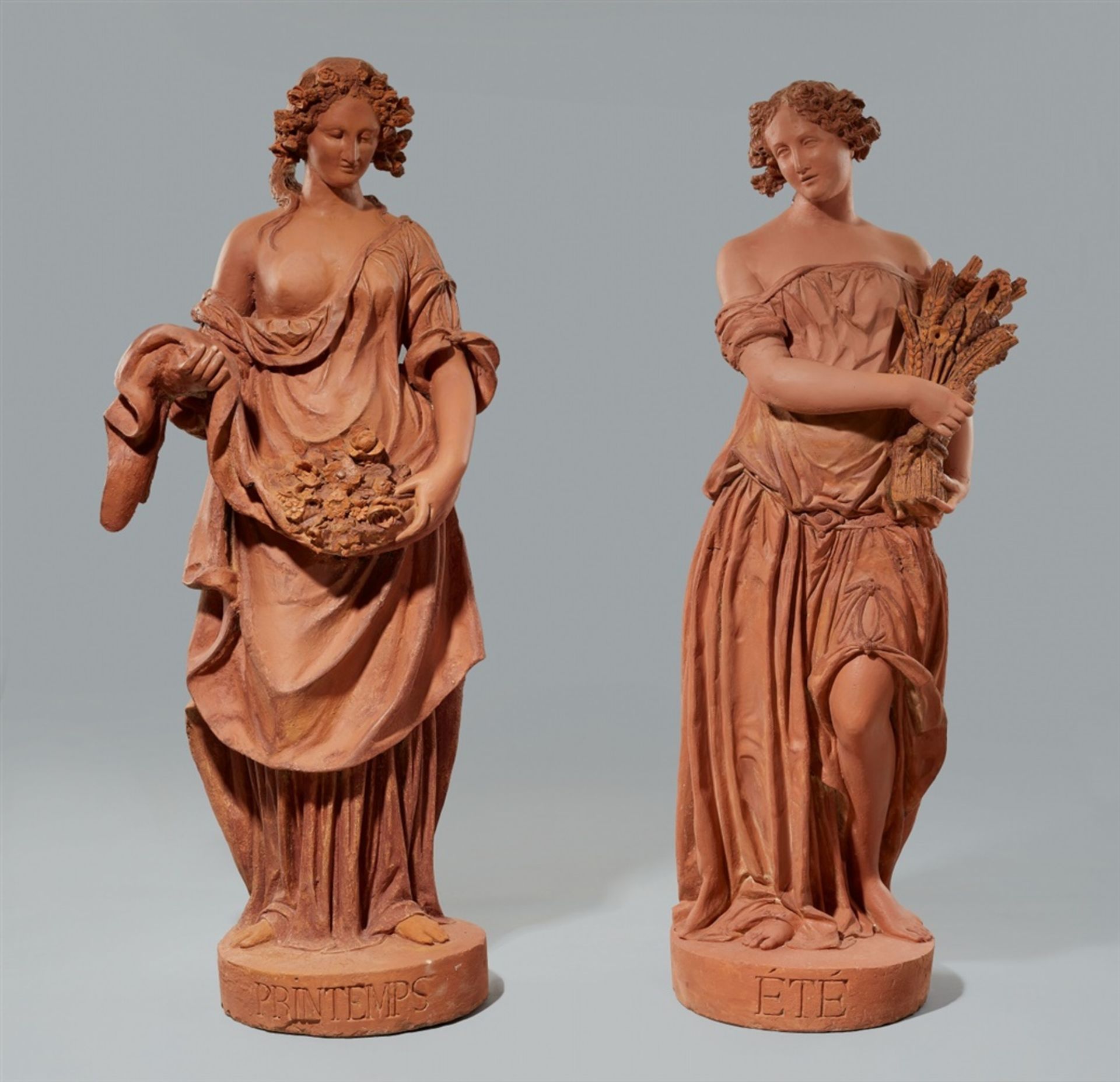 Terracotta allegorical figures of Spring and SummerWith remnants of polychromy. Two life-sized