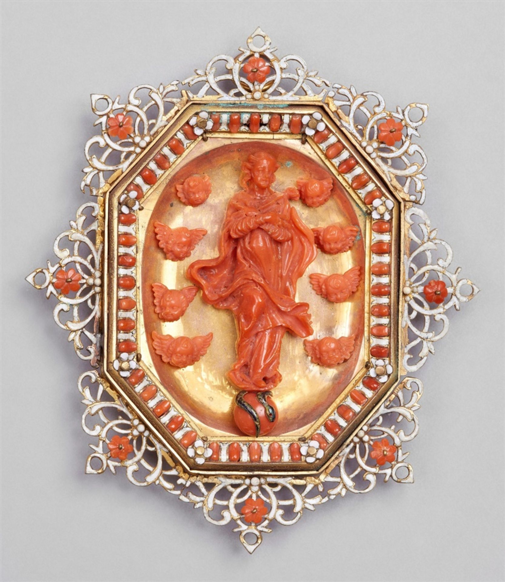 A small Trapani coral devotional plaquePierced and gilded copper panel with white email champlevé