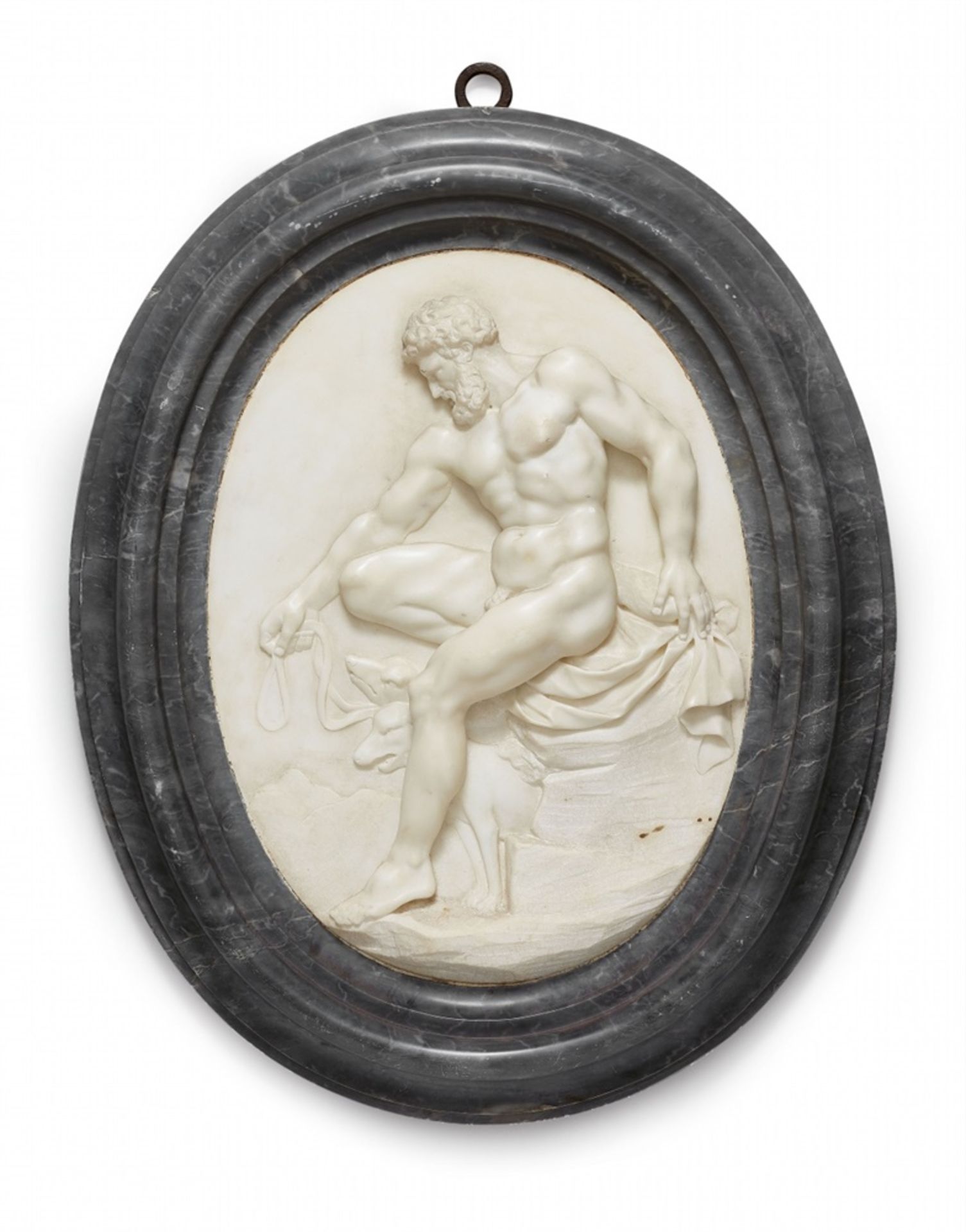 Two marble plaques with Heracles and OmphaleWhite and grey bas relief marble plaques depicting