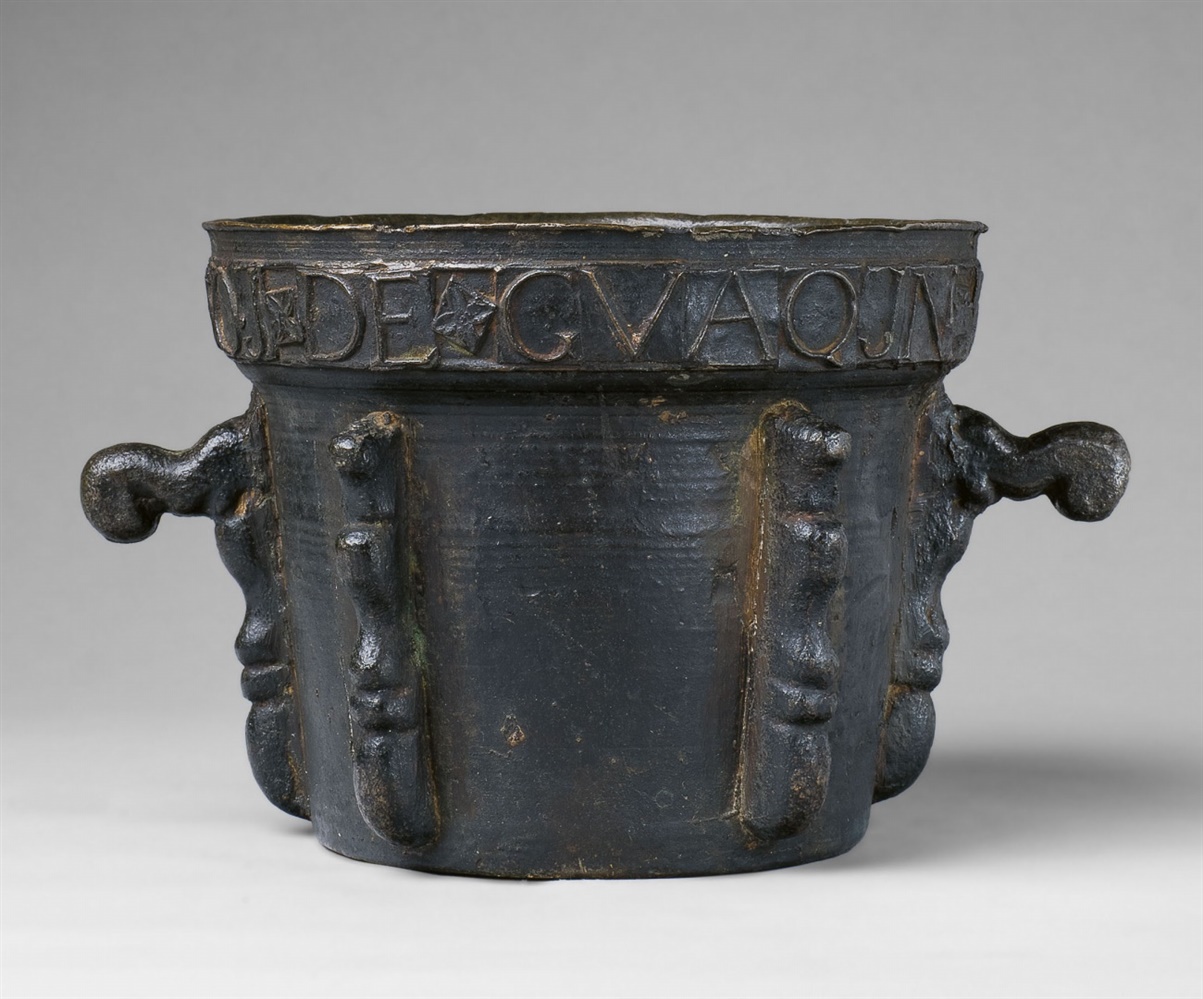 A large Spanish ribbed mortar dated 1776Thick cast bronze with dark brown patina. Of conical form