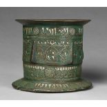 A magnificent mortar with sphinx motifsChased cast bronze with silver damascening and minor remnants