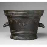 A large French monastery mortar with ram's head handlesCast bronze with dark brown patina. Of squat,