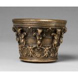 A mortar with female herm pilastersGolden brown cast bronze with natural patina. Of squat,