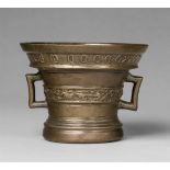 A dated Renaissance mortarCast bronze with silvery shimmering patina. Of tapering form with a