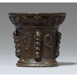 A French ribbed mortar with grotesquesCast bronze with dark brown patina (slightly porous). Of