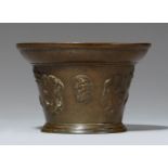 A rare French mortar with erotic motifsCast bronze with shimmering brown patina. Of squat,