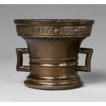 A dated mortar made for Lambert JanssoenGolden brown cast bronze with shimmering patina. Of tapering