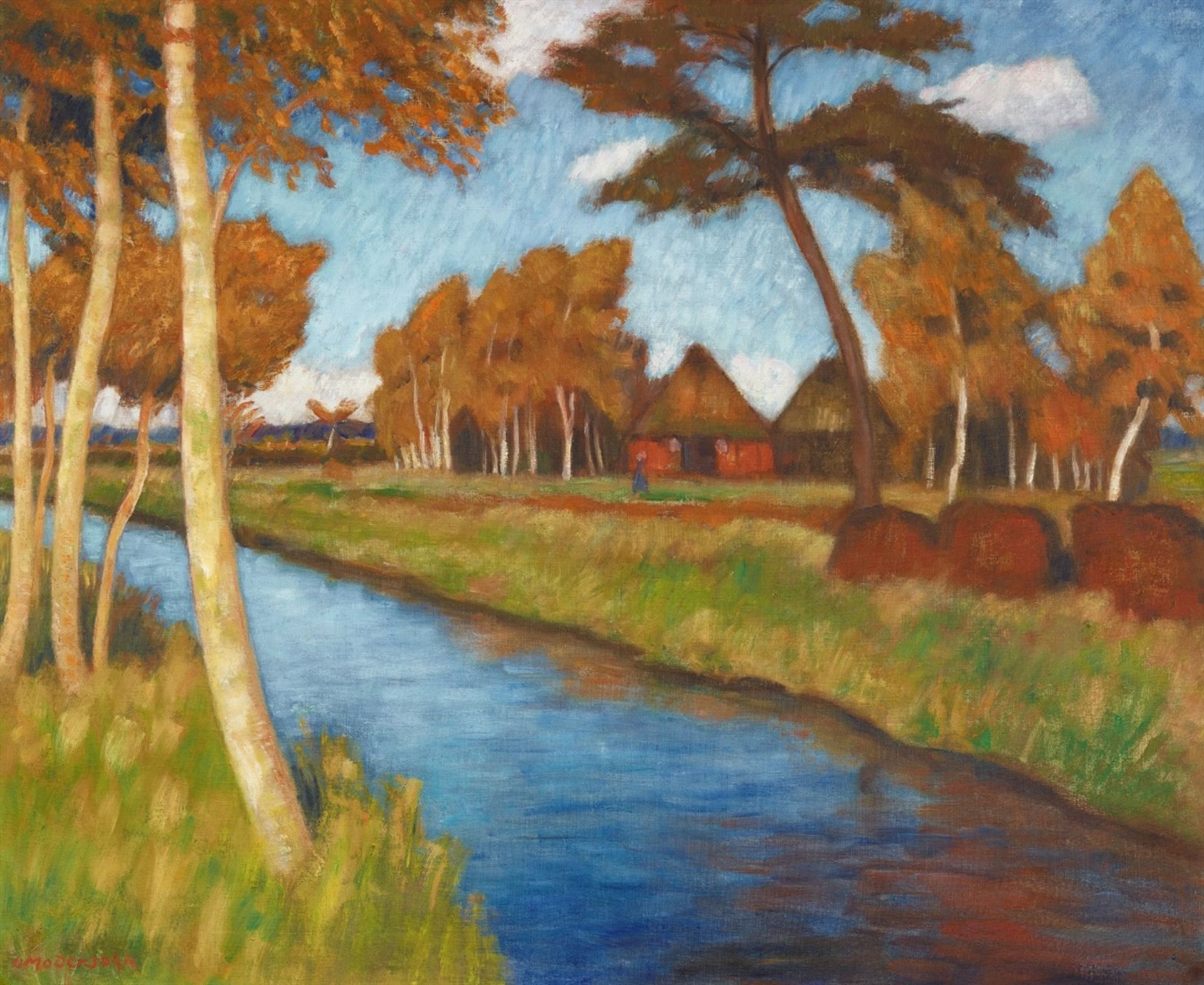 Otto ModersohnHerbst am Moorkanal. Verso: Louise Modersohn-Breling im grünen KleidÖl auf Leinwand 74