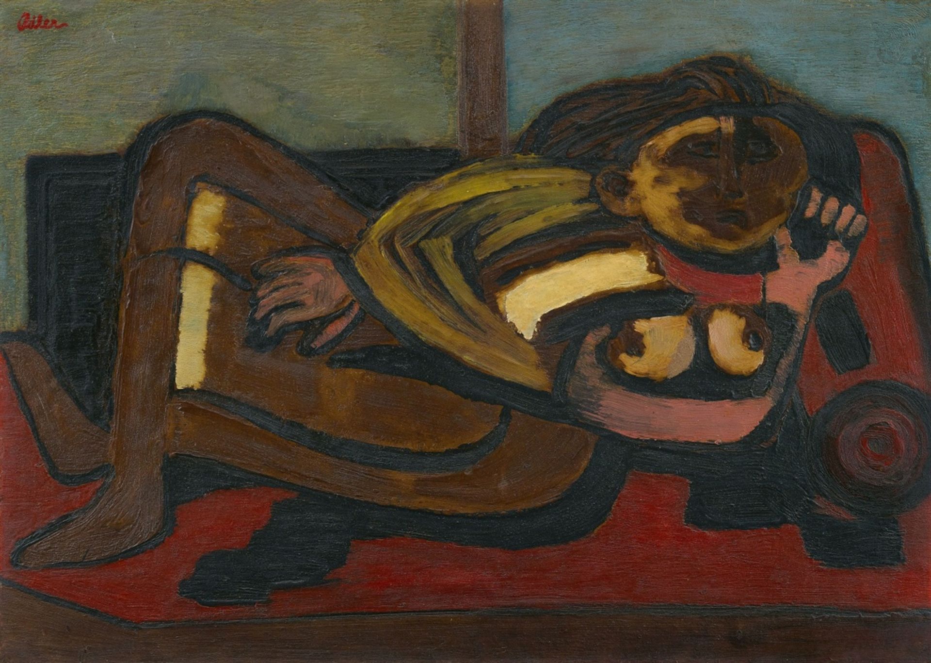 Jankel AdlerLiegendes Mädchen (Reclining Girl)Öl und Sand (auf dünnem Karton) auf Sperrholz 55,5 x