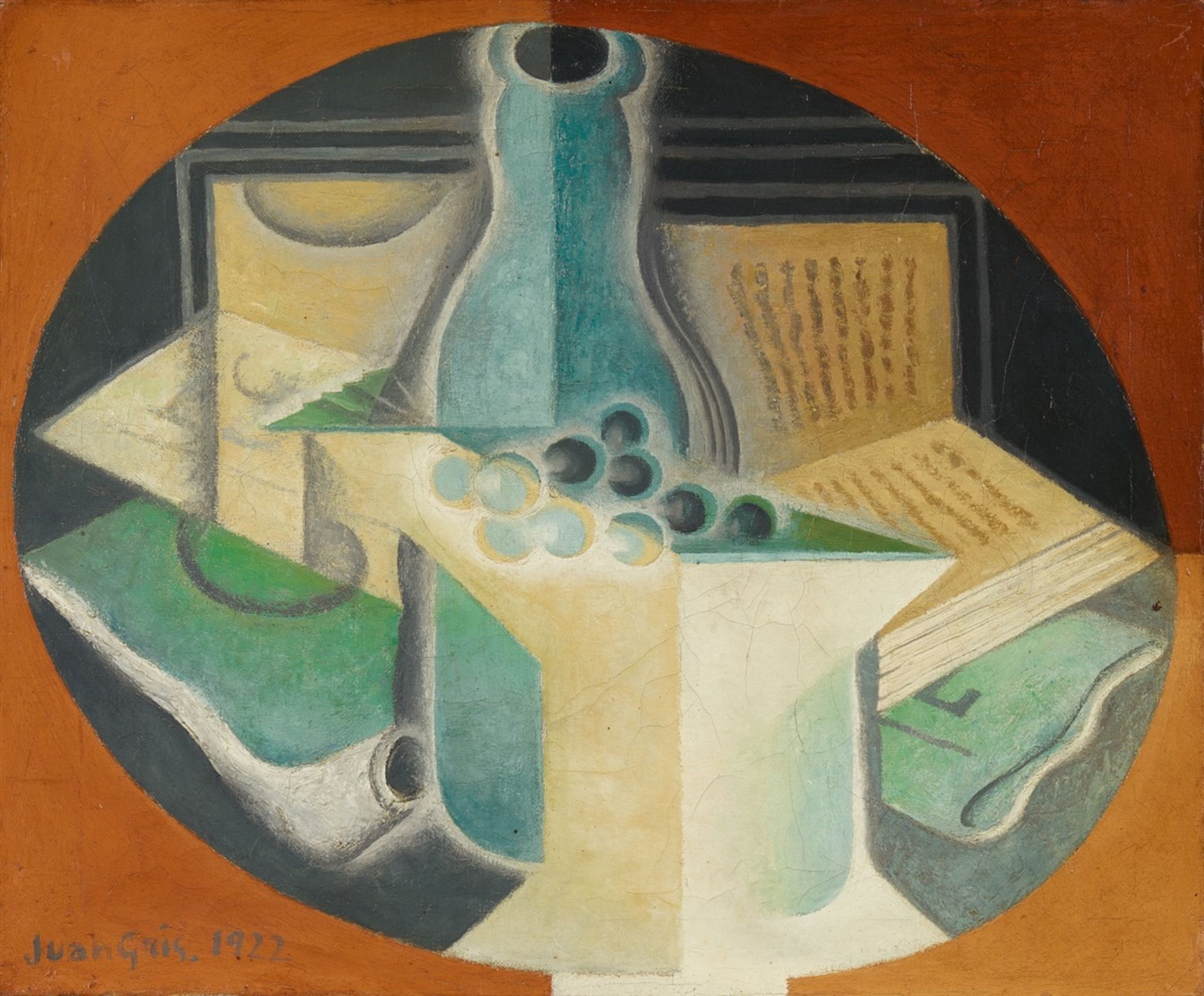 Juan GrisRaisins, carafe et livreÖl auf Leinwand, doubliert 38 x 46 cm Gerahmt. Unten links grau