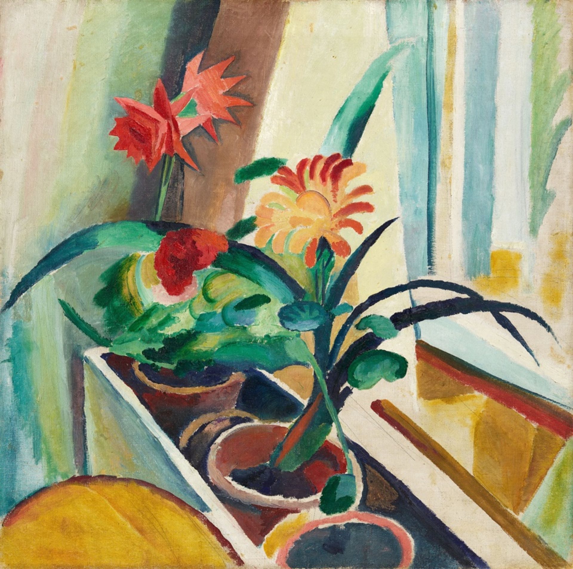 August MackeBlumenkasten mit KaktusÖl auf Leinwand 71,5 x 70,5 cm Gerahmt. Rückseitig auf dem