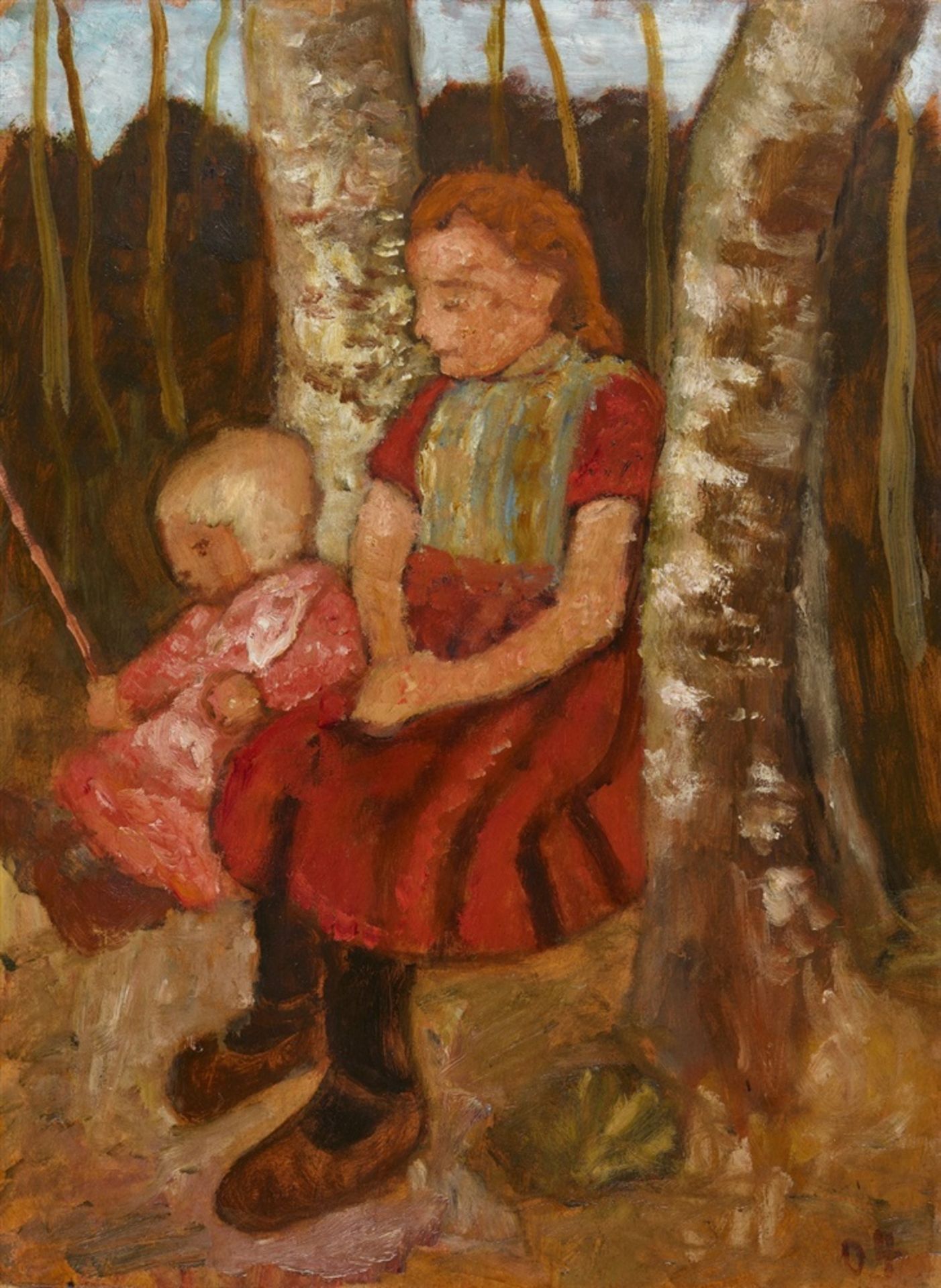 Paula Modersohn-BeckerKinder zwischen BirkenstämmenÖl auf Pappe, auf Holz aufgezogen 69,5 x 51 cm