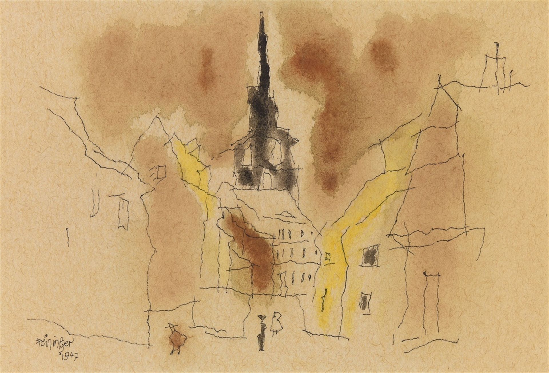 Lyonel FeiningerErfurtAquarell und Tuschfederzeichnung auf faserhaltigem Papier 18,8/19,2 x 27,5