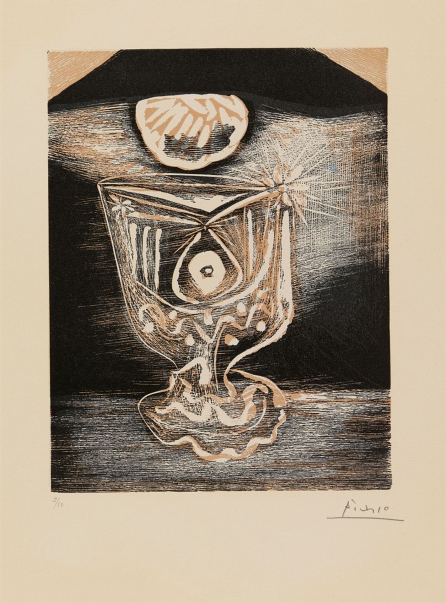 Pablo PicassoLa verre sous la lampeOriginal-Farblinolschnitt auf Velin mit Wasserzeichen "Arches" 35