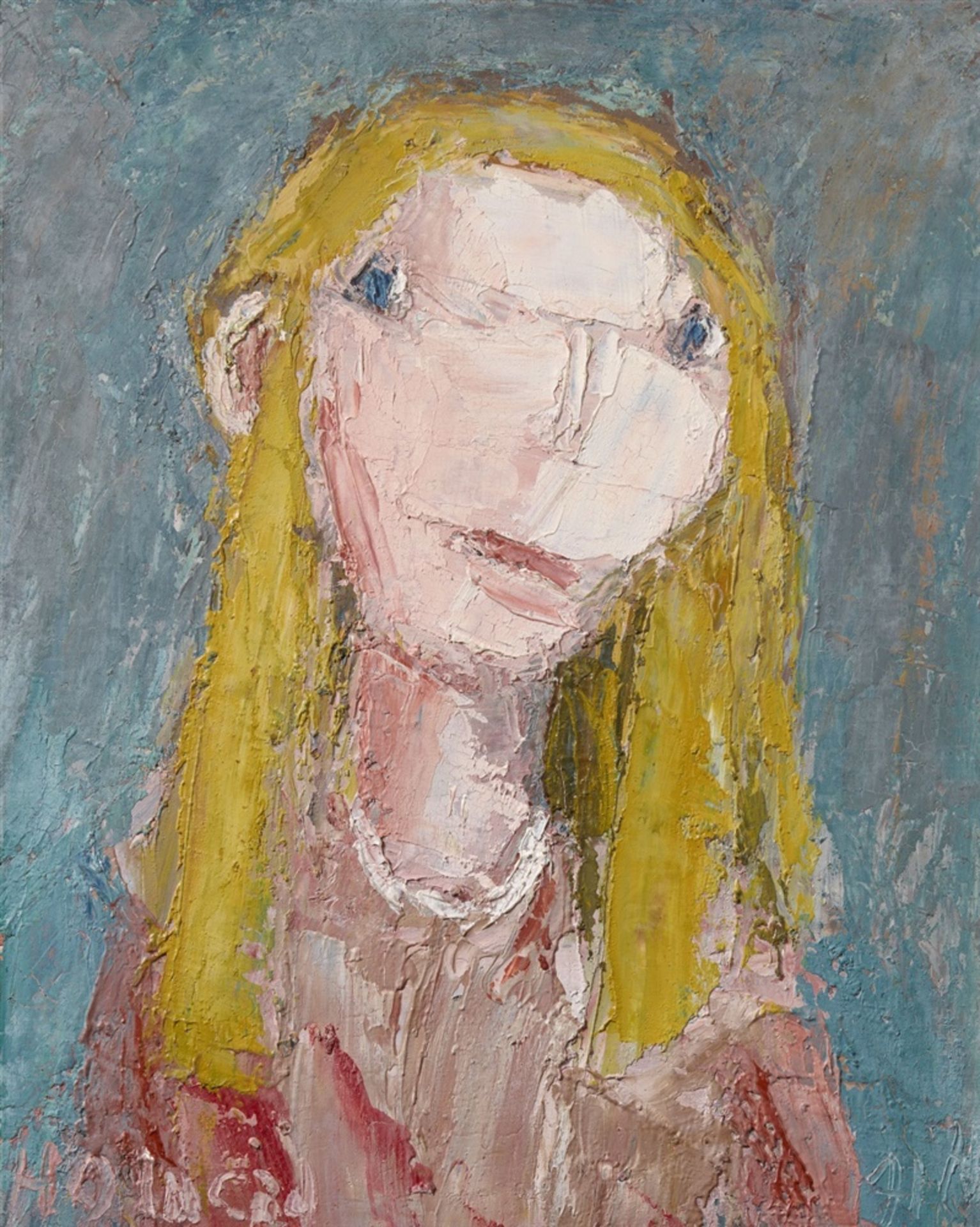 Holmead (Clifford Holmead Philipps)Fille blonde (long hair, red dress, blue-grey-background)Öl auf