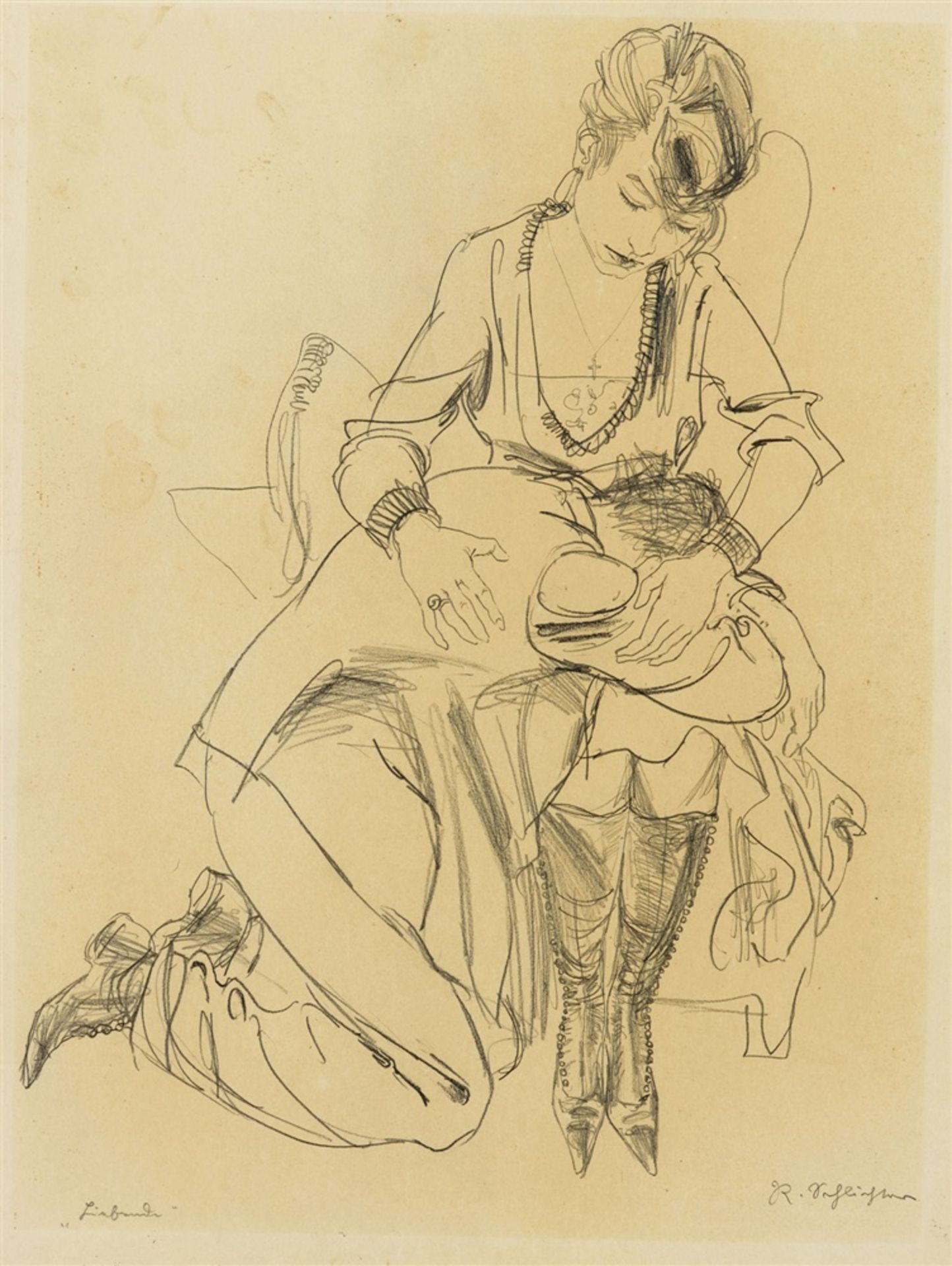 Rudolf SchlichterLiebendeBleistiftzeichnung auf feinem Zeichenpapier 59,2 x 44 cm Unter Glas