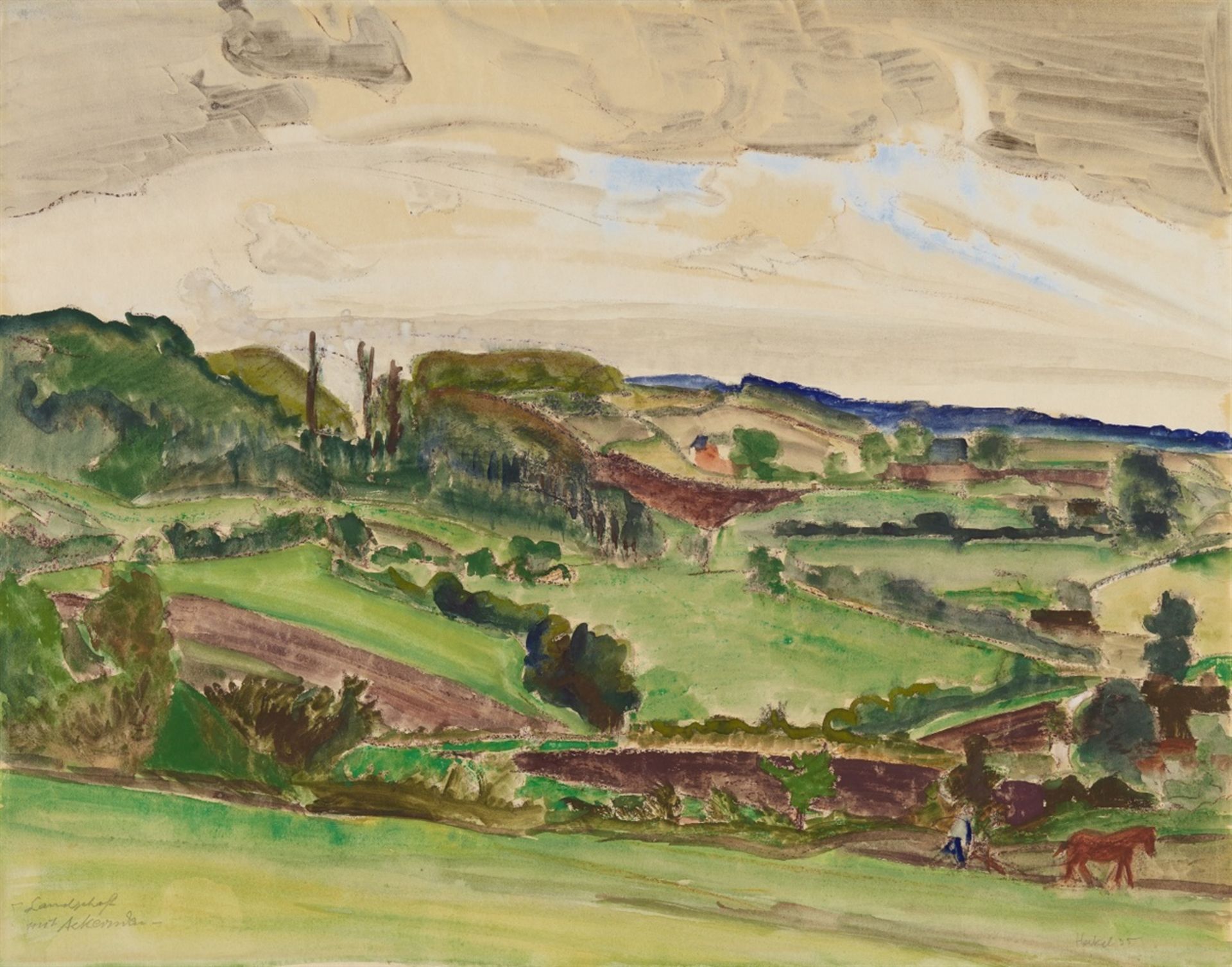 Erich HeckelLandschaft mit AckerndemAquarell, Gouache und Kreide auf Velin 54,8 x 69,7 cm Unter Glas