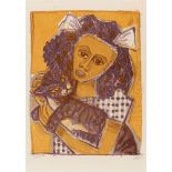 Otto DixMädchen mit Katze II (Kopf schräg)Original-Farblithographie auf Bütten mit Wasserzeichen "