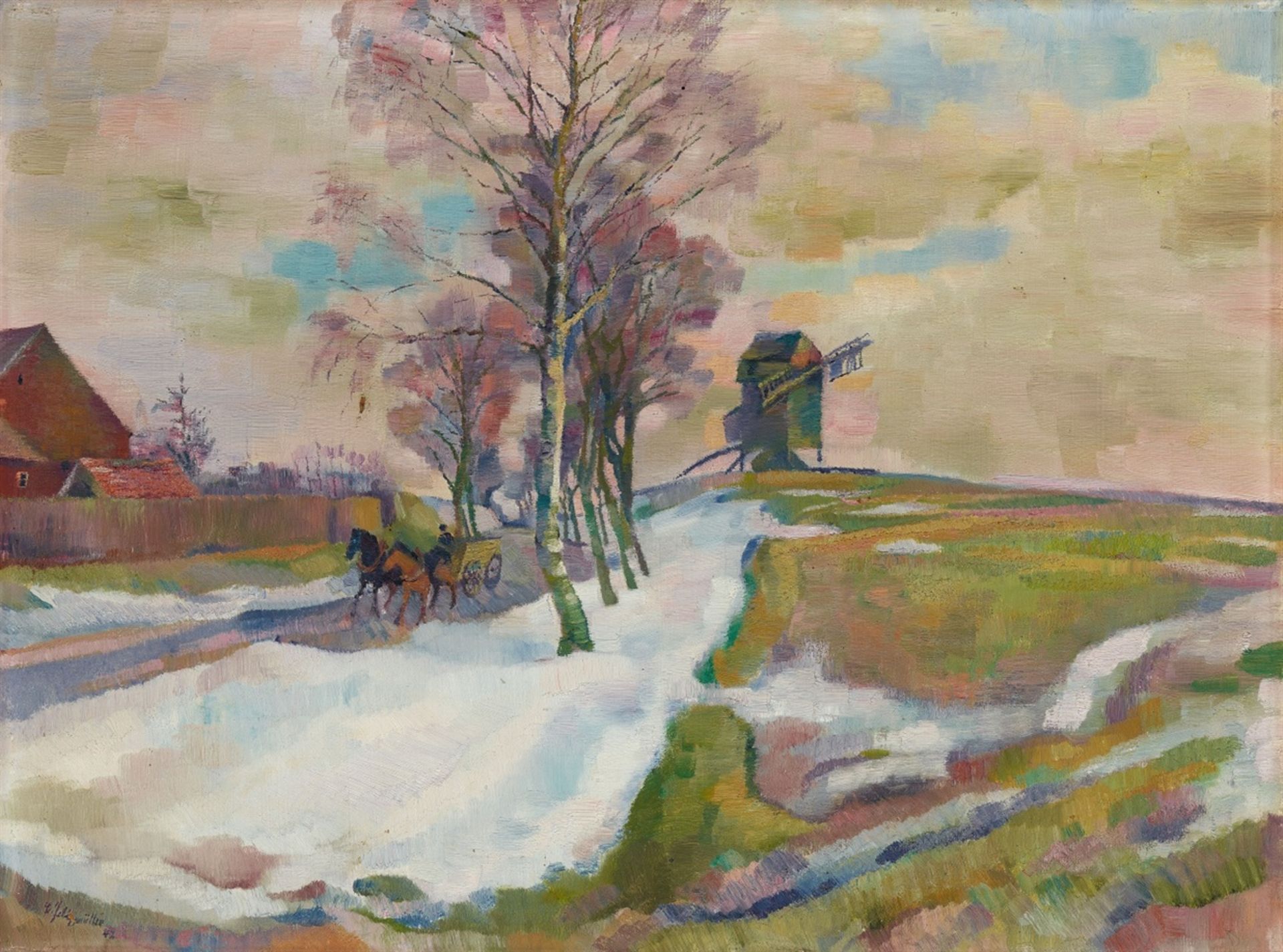 Conrad FelixmüllerDie alte Mühle an der Straße in GebersdorfÖl auf Hartfaserplatte 45 x 60 cm