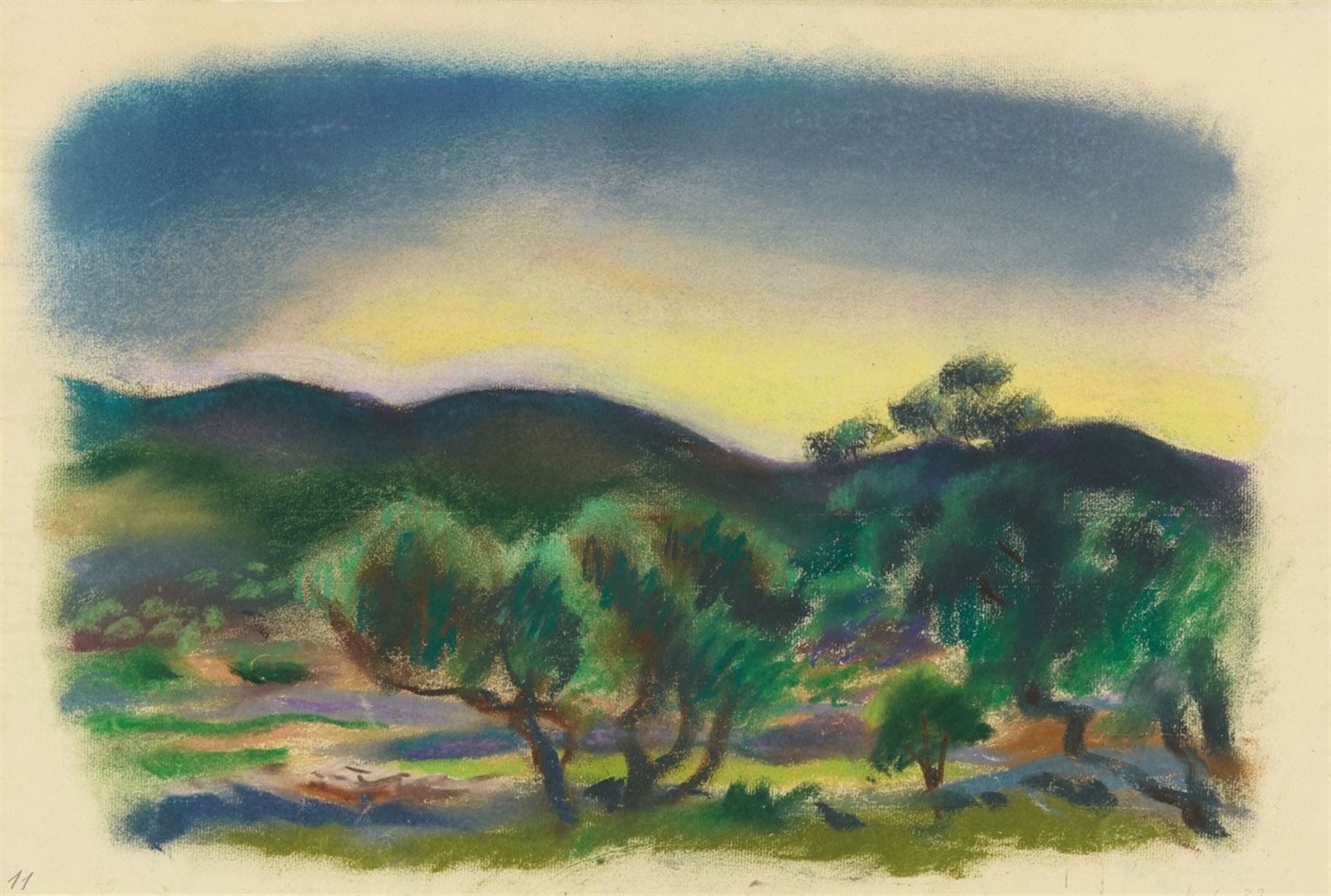 Richard ZieglerBäume und Hügellinie (Korcula)Pastell auf chamoisfarbenem Bütten 29,8/30,3 x 45 cm