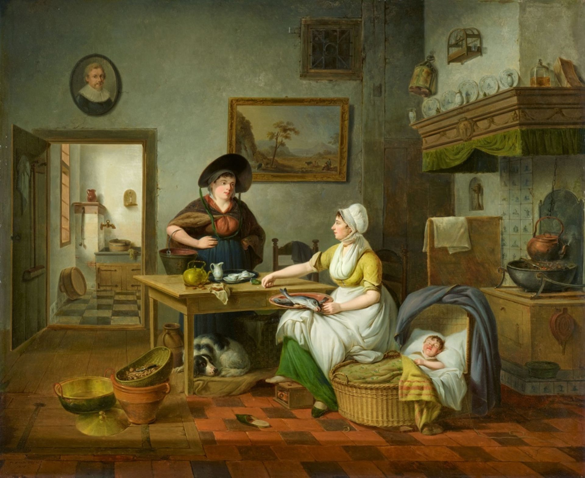 Pieter FonteynKücheninterieur mit zwei Frauen und einem schlafenden Kind in geflochtener Kor