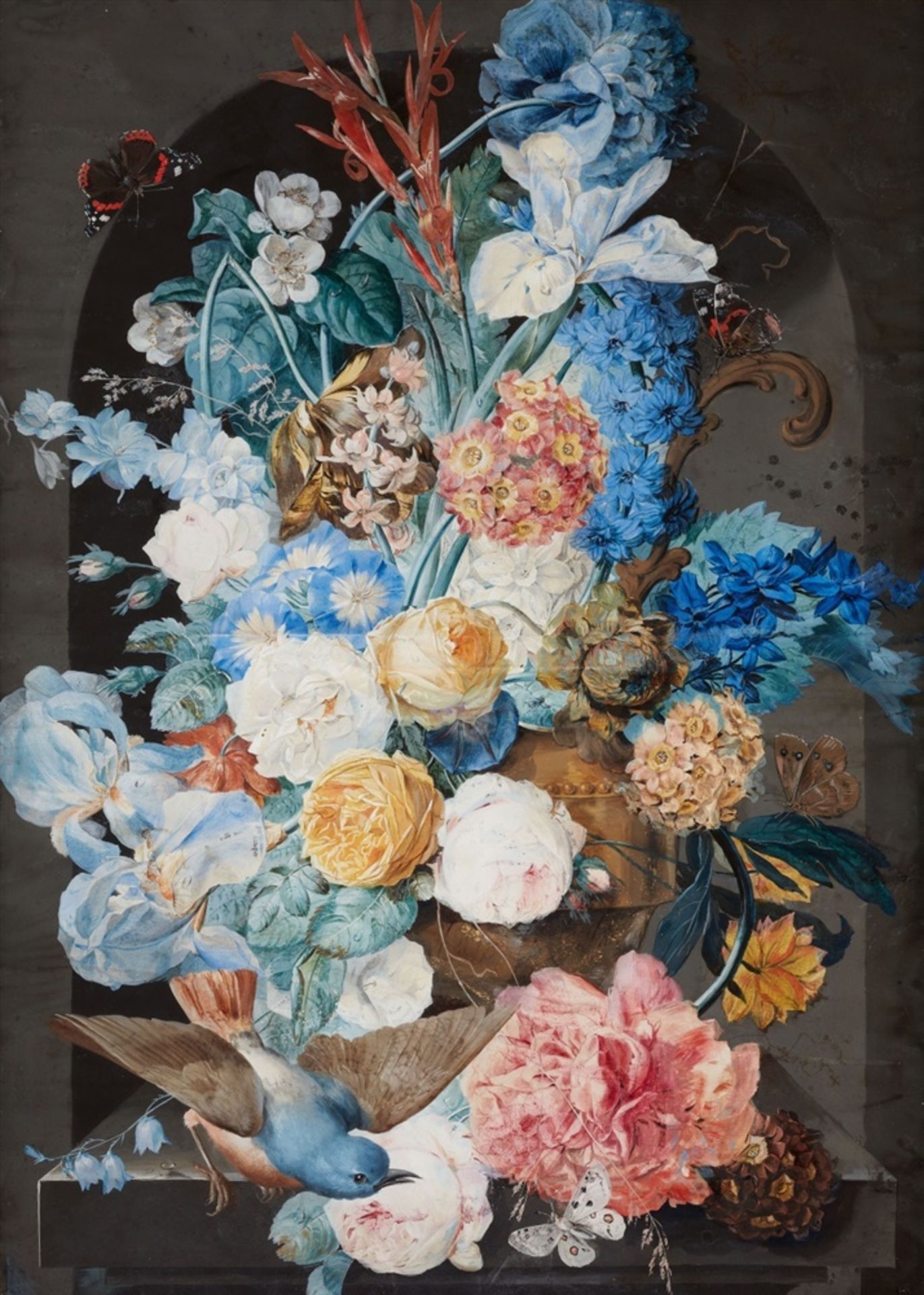 Franz Xaver PetterVase mit Blüten in einer Nische, Schmetterling und Blaufink