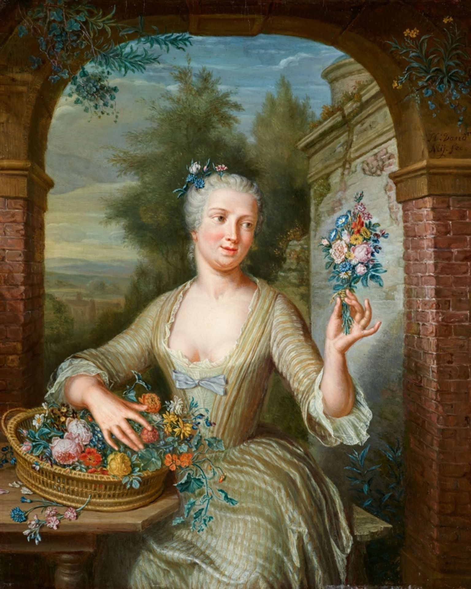 George van der MijnJunge Frau mit Blumenkorb vor einer Arkade