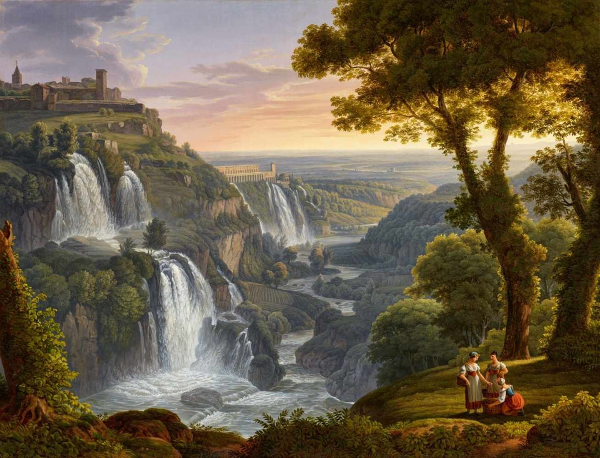 Rudolph Friedrich Carl SuhrlandtWeite Landschaft bei Tivoli mit den Wasserfällen und der Sta