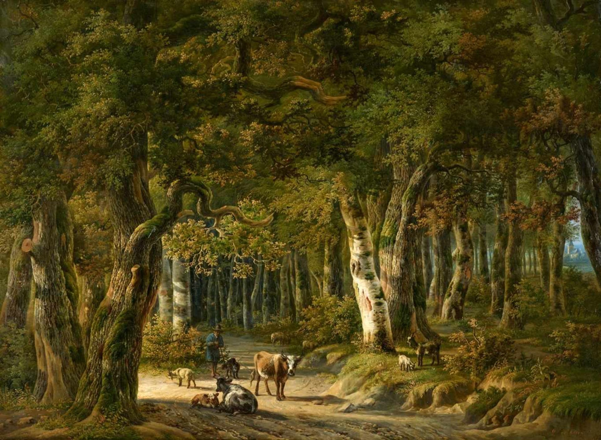 Willem de KlerkHirte mit Tieren in sonniger Waldlichtung