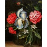 Flämischer Meister des 17. JahrhundertsIris, Rose, Nelken und Zitruszweig in einer Glasvase<