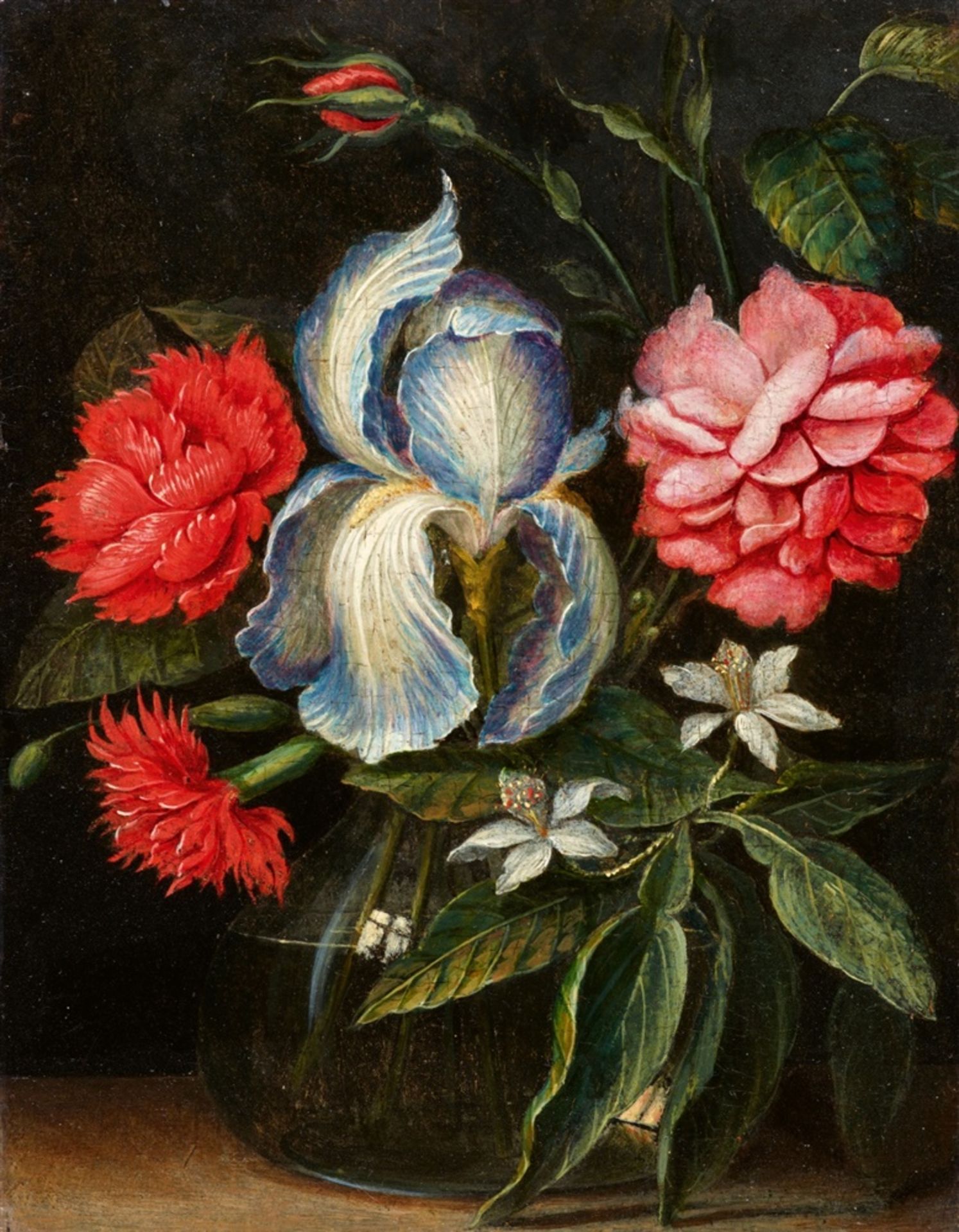 Flämischer Meister des 17. JahrhundertsIris, Rose, Nelken und Zitruszweig in einer Glasvase<
