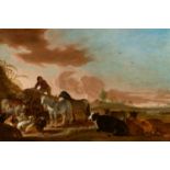 Cornelis SaftlevenLandschaft mit einem jungen Bauern auf einem Pferdewagen, von Pferden, ruhe