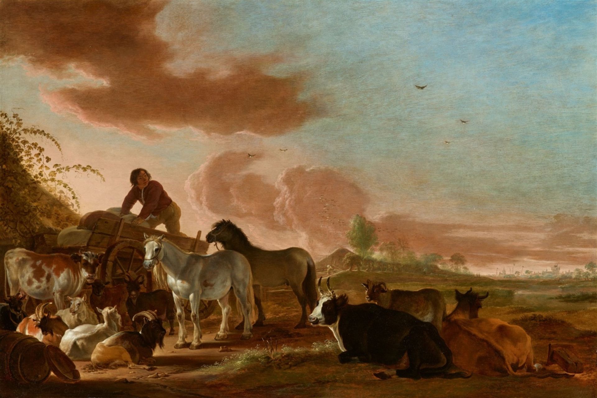 Cornelis SaftlevenLandschaft mit einem jungen Bauern auf einem Pferdewagen, von Pferden, ruhe