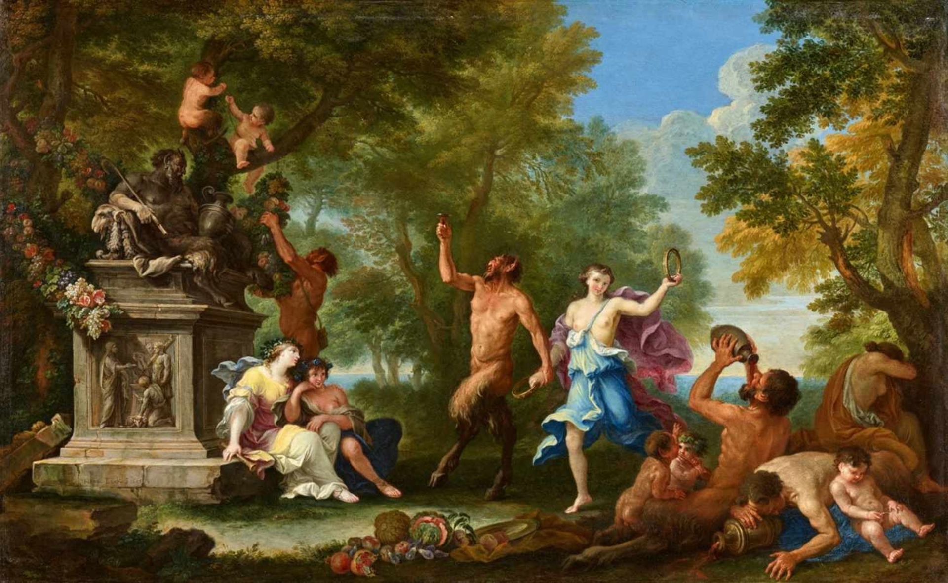 Filippo LauriBacchantinnen, von Pan angeführt, feiern den Weingott Bacchus mit Tanz und Blum