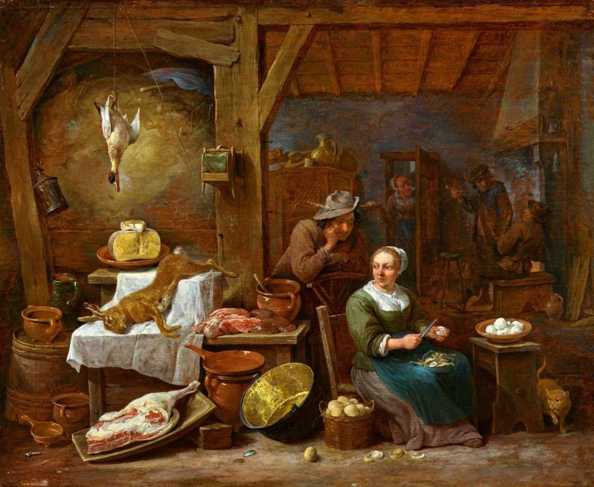 David Teniers d. J.Ländliche Küche mit Stillleben und einem Paar