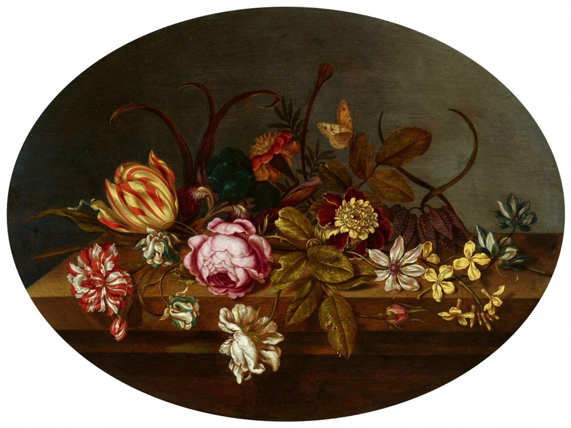 Ambrosius Bosschaert d. J.Rose, Tulpe, Iris und andere Blüten mit Raupe und Schmetterling au