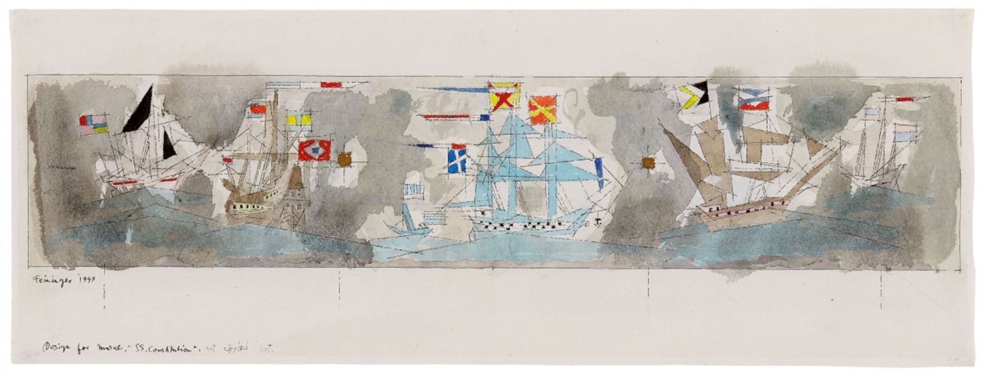 Lyonel FeiningerDesign for Mural "SS Constitution". Verso: Segelschiffe und Kreuzer.