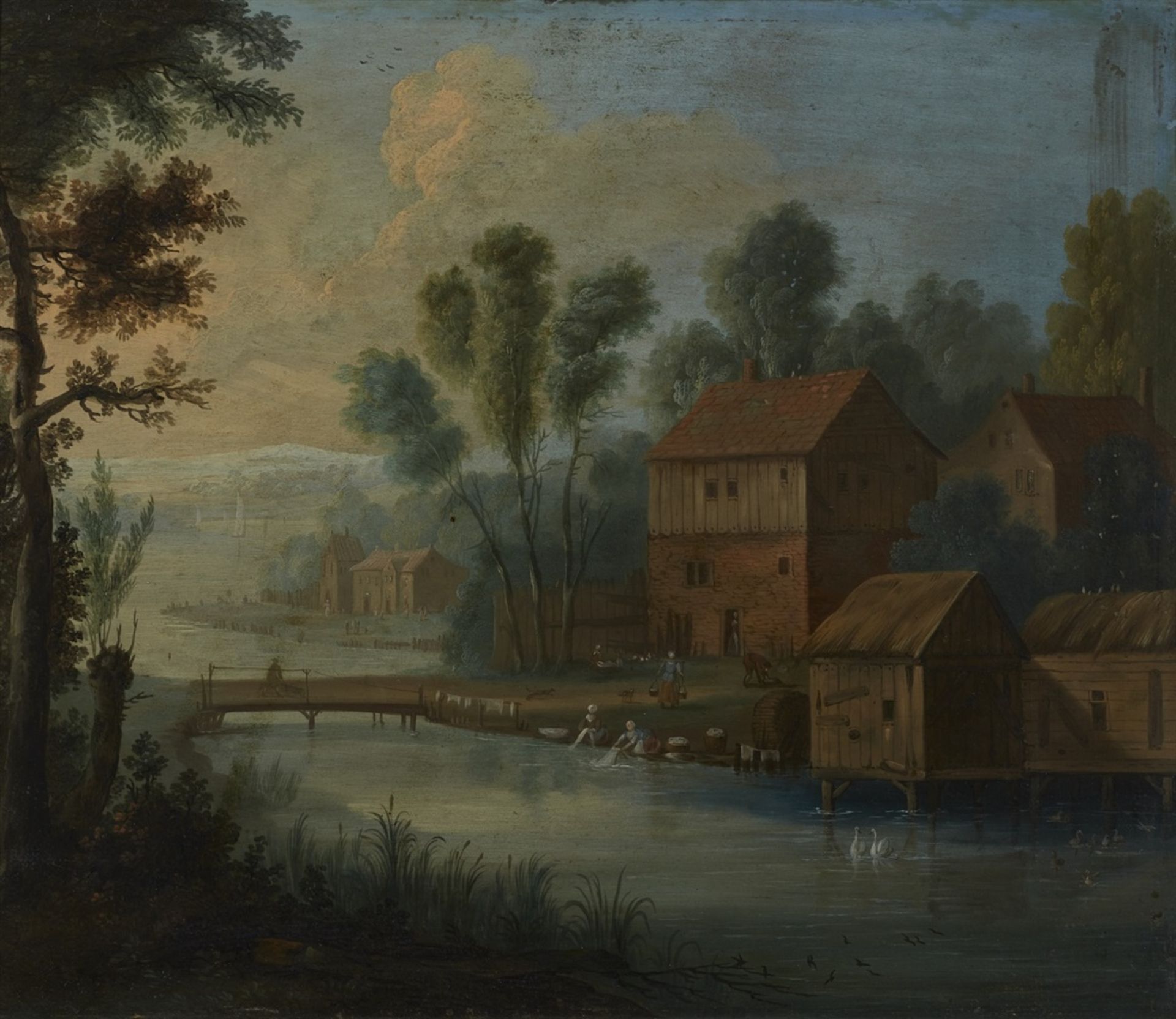 Niederländischer Meister um 1700Flusslandschaft mit Wassermühle und Wäscherinnen