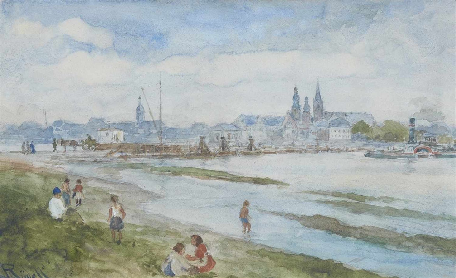 Carl RüdellBlick auf Köln-Mühlheim mit der Schiffsbrücke