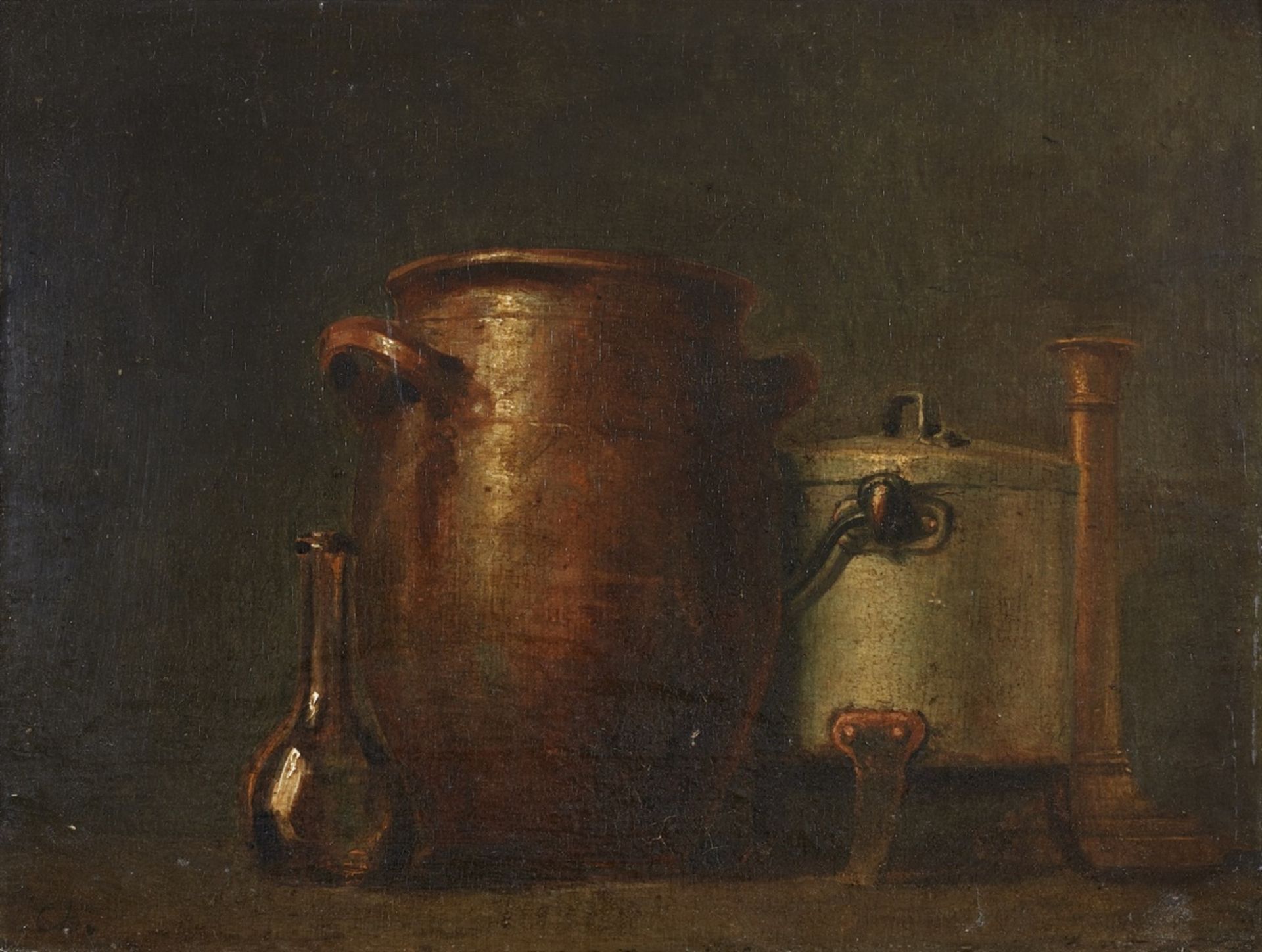 Jean-Baptiste Simeon Chardin, UmkreisStillleben mit Flasche, Tongefäß und Kerzenstock