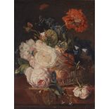 Jan van Huysum, zugeschriebenWeidenkörbchen mit Rosen, Rittersporn und Winde auf einer Tisch