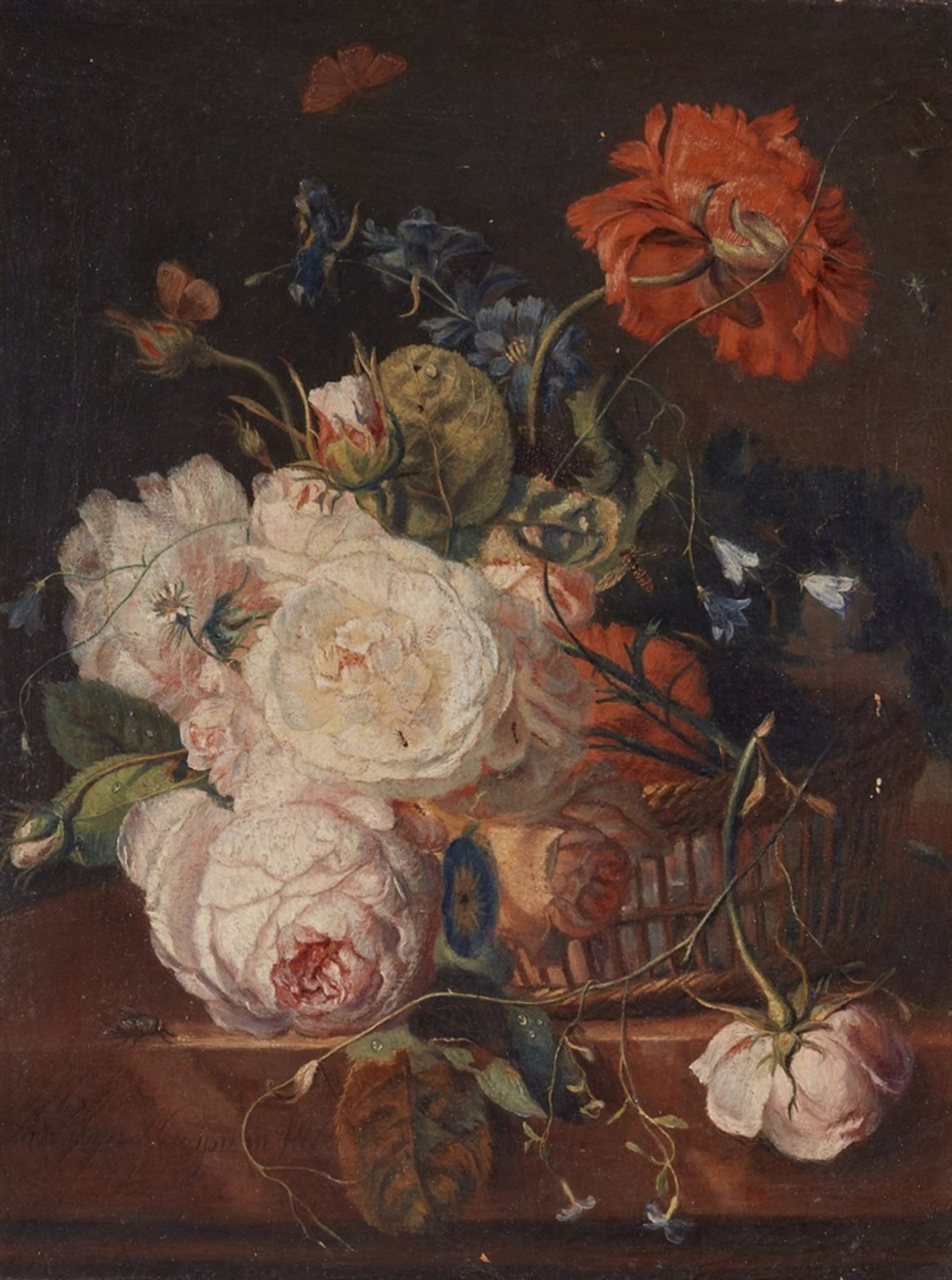 Jan van Huysum, zugeschriebenWeidenkörbchen mit Rosen, Rittersporn und Winde auf einer Tisch