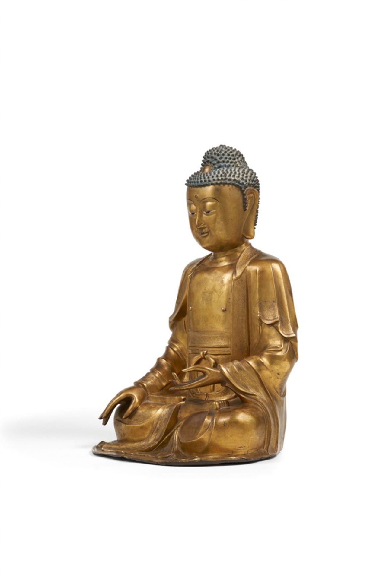 Große vergoldete Bronze Figur des Buddha Shakyamuni. 17./18. Jh. - Bild 7 aus 8