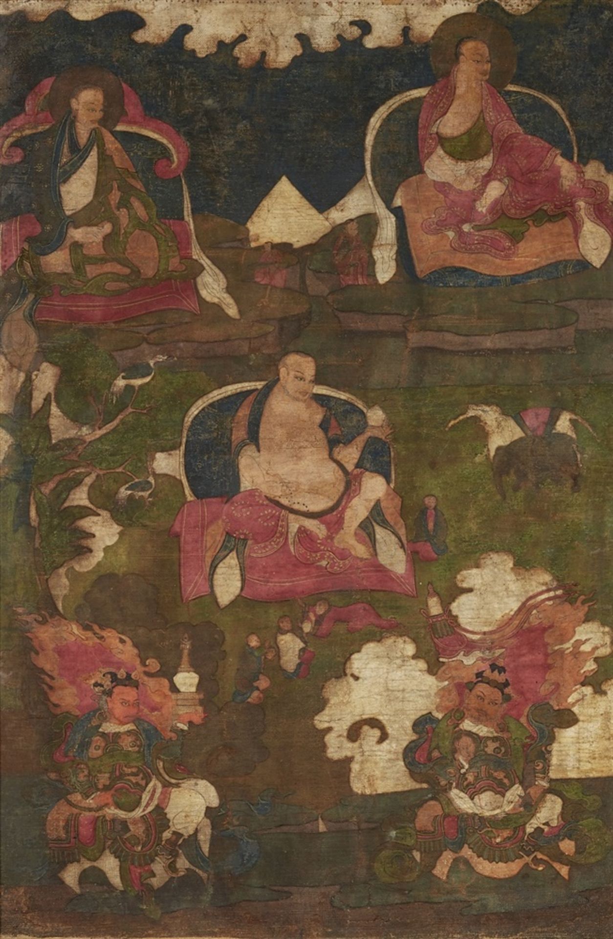 Thangka mit zwei Arhats und Moheyan. Tibet. 18. Jh.