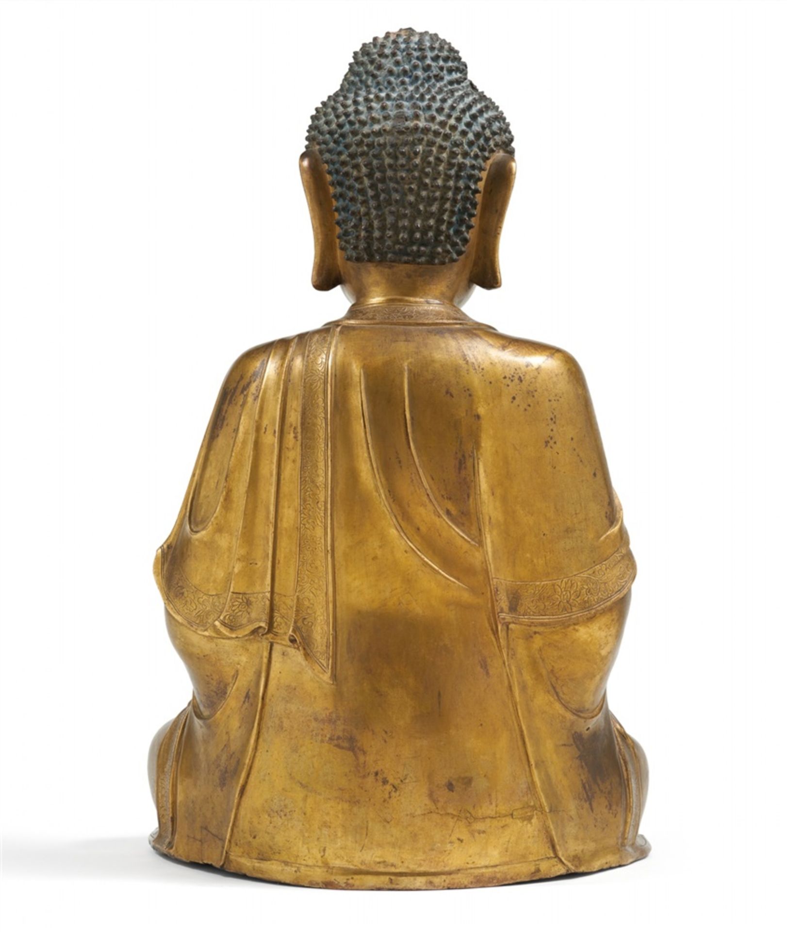 Große vergoldete Bronze Figur des Buddha Shakyamuni. 17./18. Jh. - Bild 3 aus 8