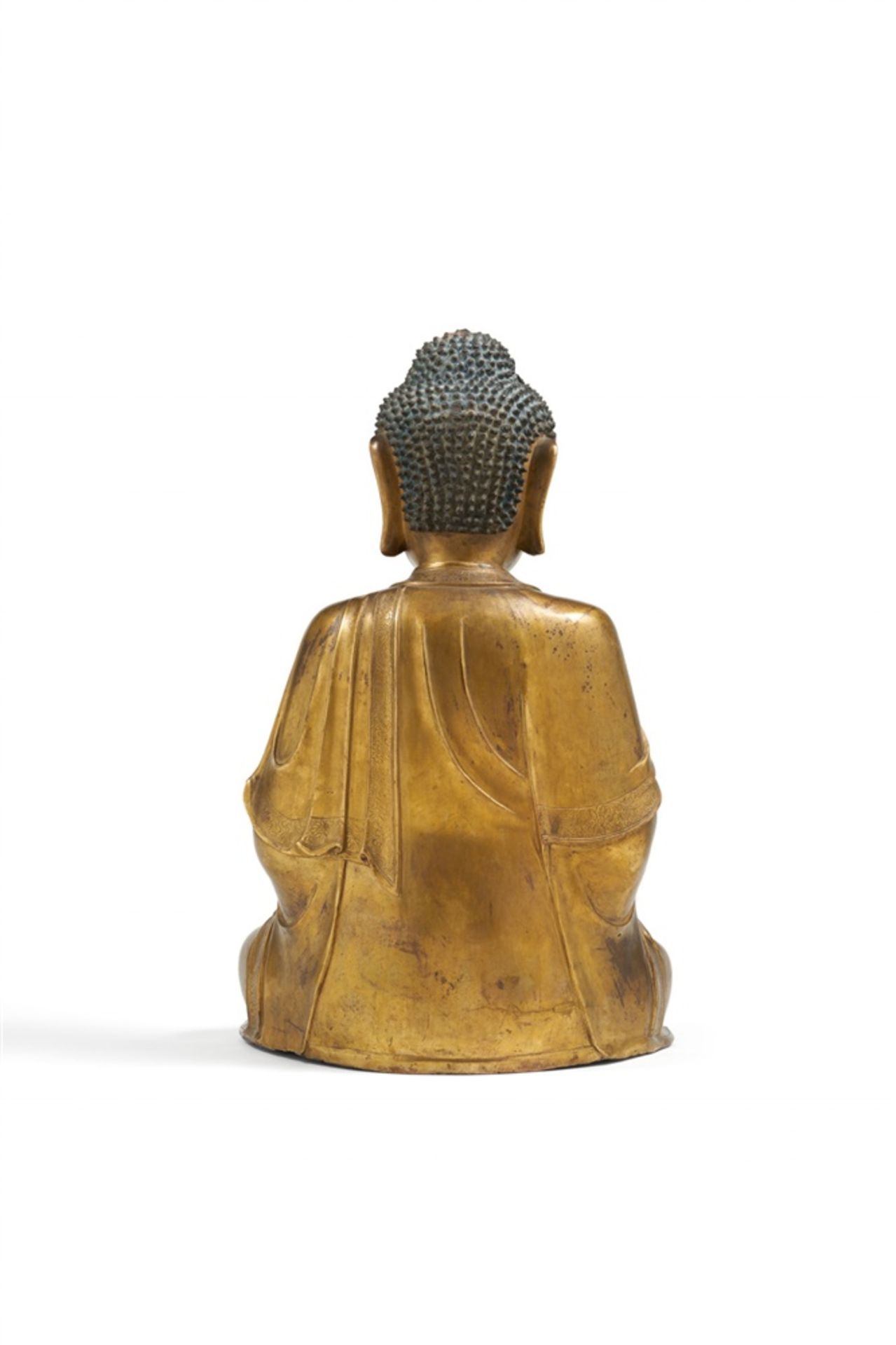 Große vergoldete Bronze Figur des Buddha Shakyamuni. 17./18. Jh. - Bild 4 aus 8