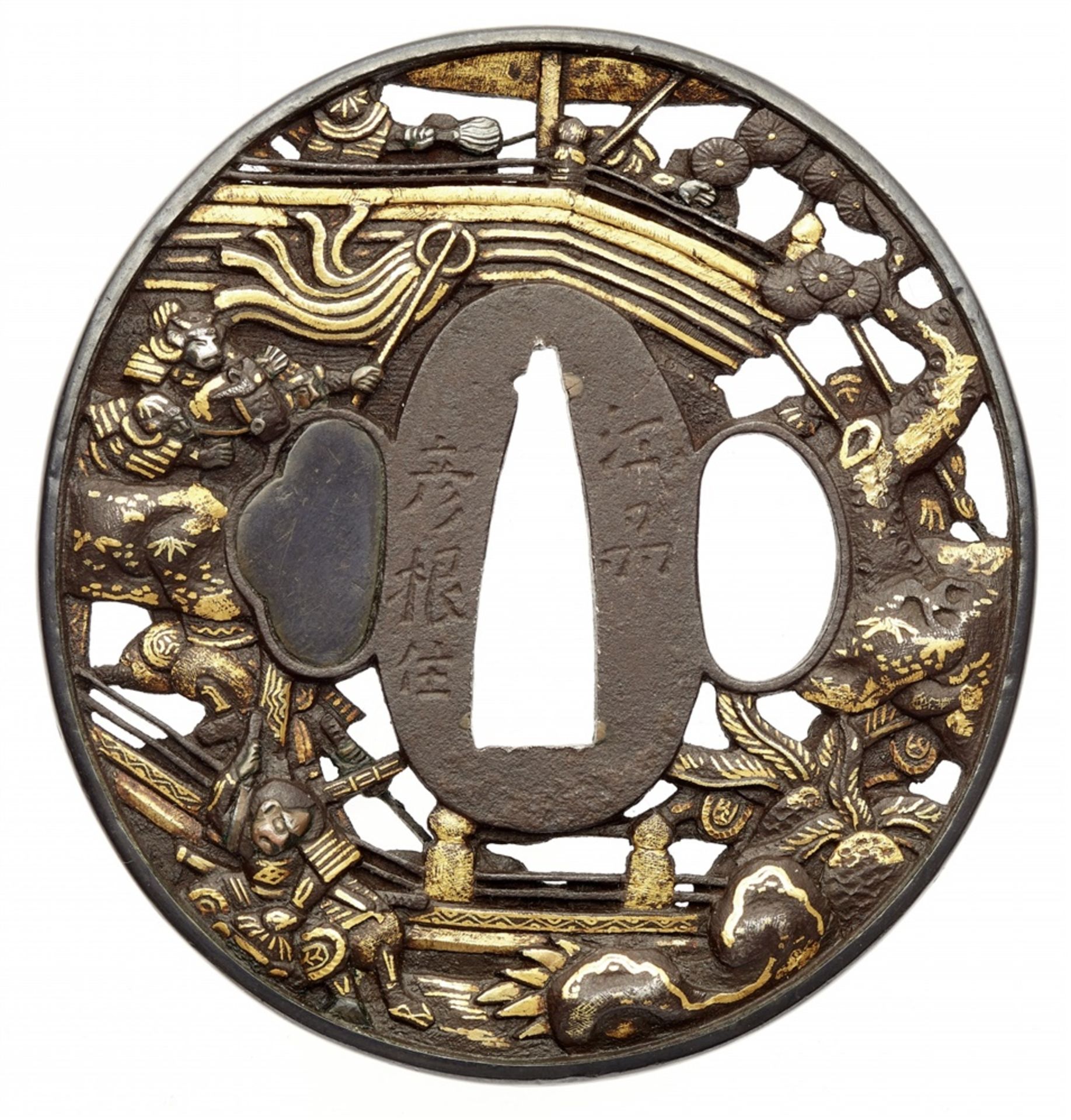 Tsuba. Eisen. Hikone-bori-Arbeit. Um 1700