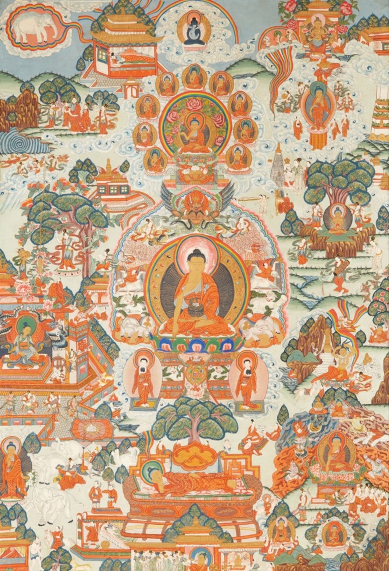 Thangka des Buddha Shakyamuni mit Szenen aus seinem Leben. Tibet. Frühes 20. Jh.