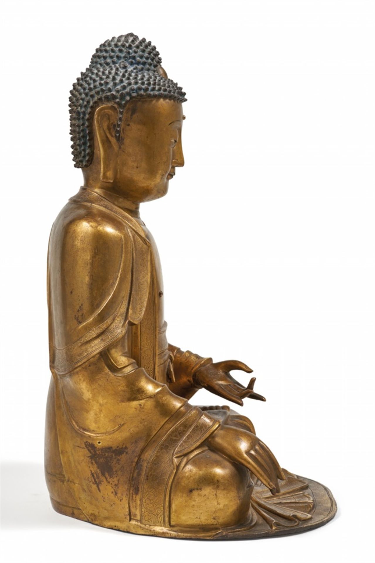 Große vergoldete Bronze Figur des Buddha Shakyamuni. 17./18. Jh. - Bild 2 aus 8