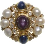 European Baroc Broach, Gold, Star-Ruby, Diamonds, Sapfirs and South-See Pearls
